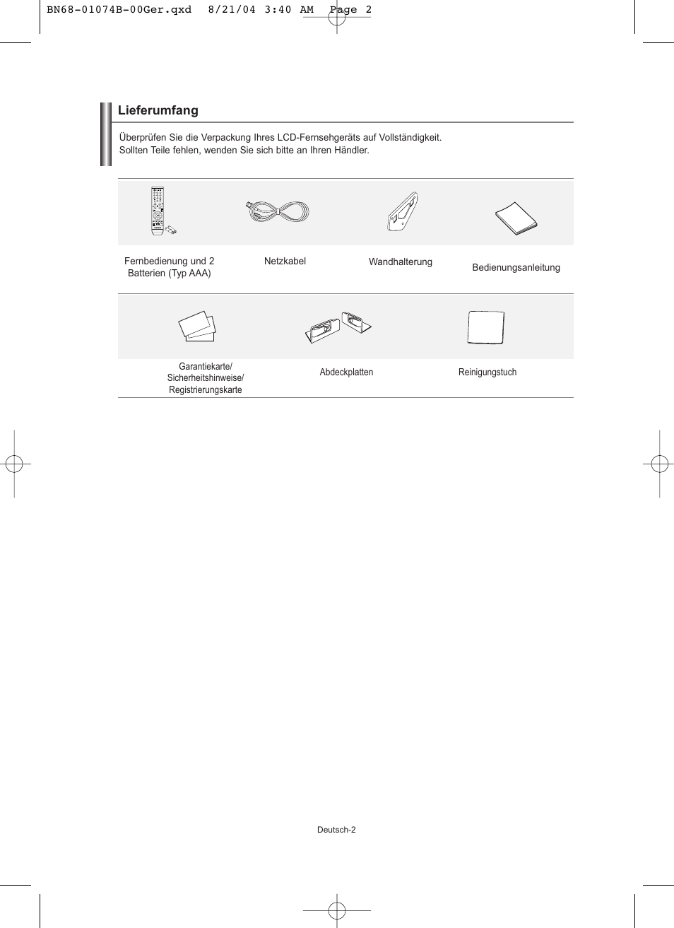 Lieferumfang | Samsung LE19R71B User Manual | Page 54 / 179