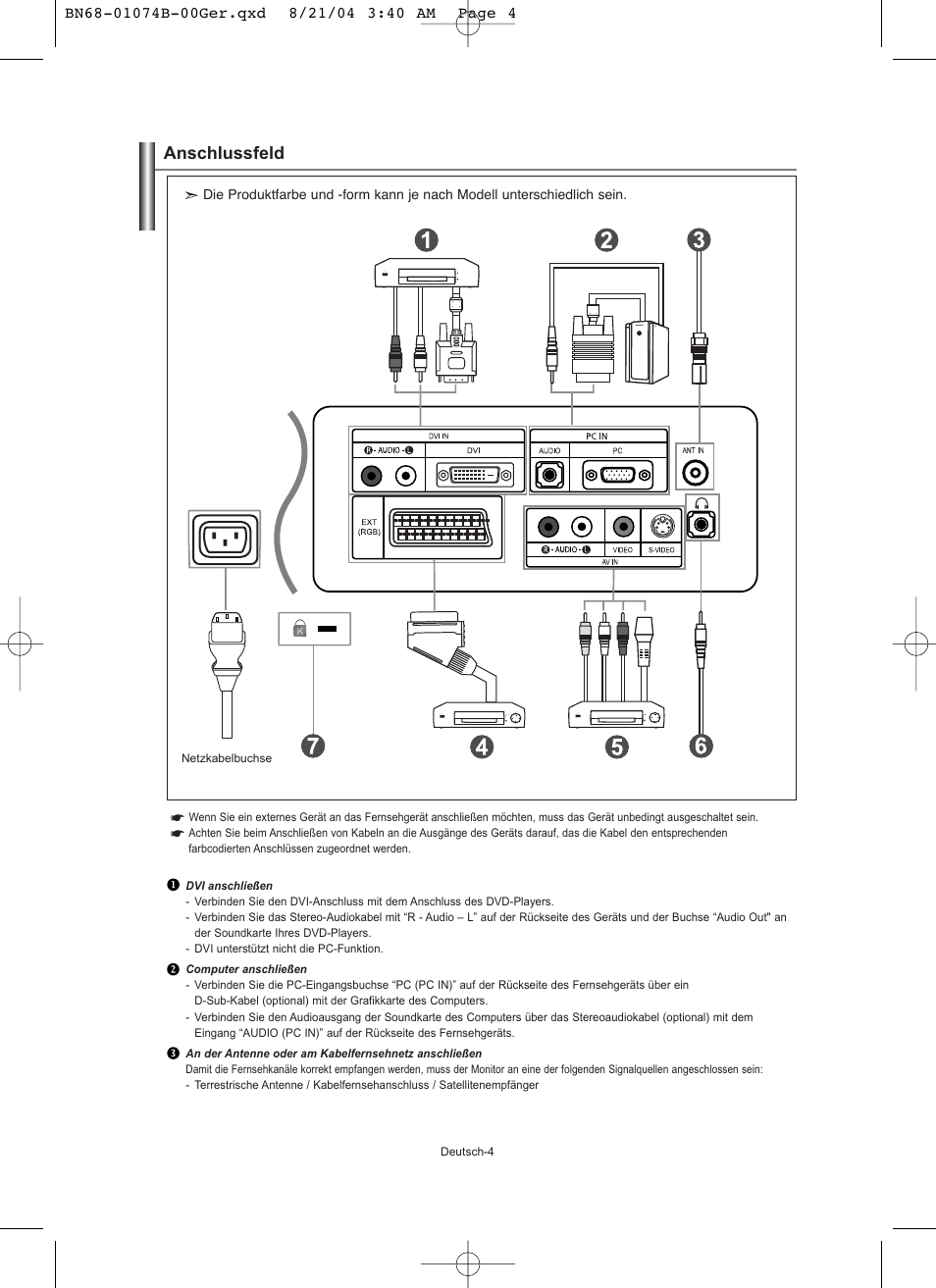 Anschlussfeld | Samsung LE19R71B User Manual | Page 56 / 179