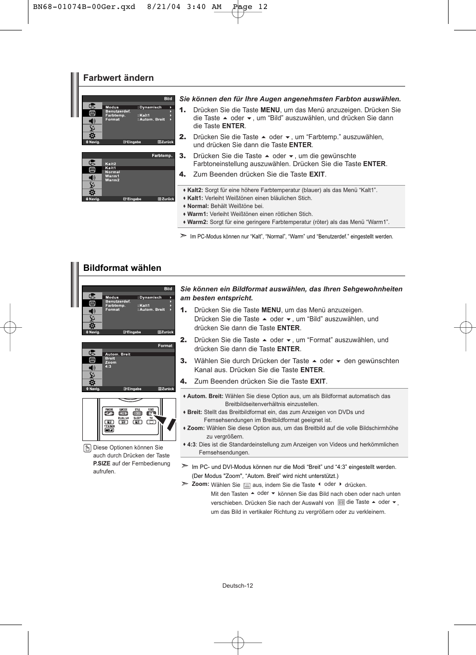 Farbwert ändern bildformat wählen | Samsung LE19R71B User Manual | Page 64 / 179