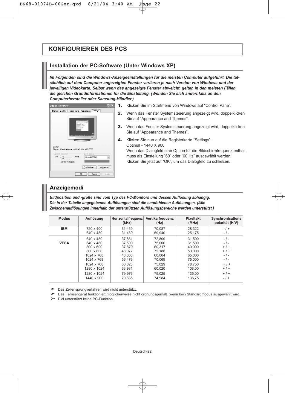 Konfigurieren des pcs | Samsung LE19R71B User Manual | Page 74 / 179