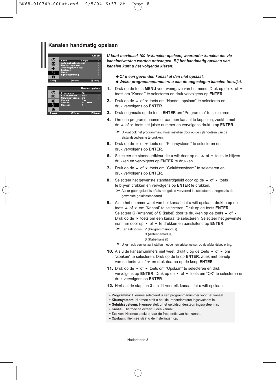 Kanalen handmatig opslaan | Samsung LE19R71B User Manual | Page 85 / 179