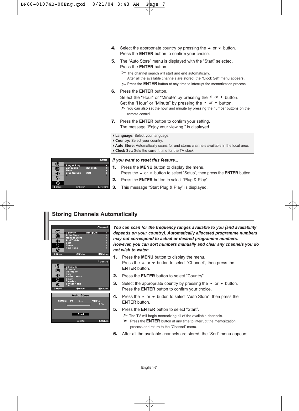 Setting the channels, Storing channels automatically | Samsung LE19R71B User Manual | Page 9 / 179