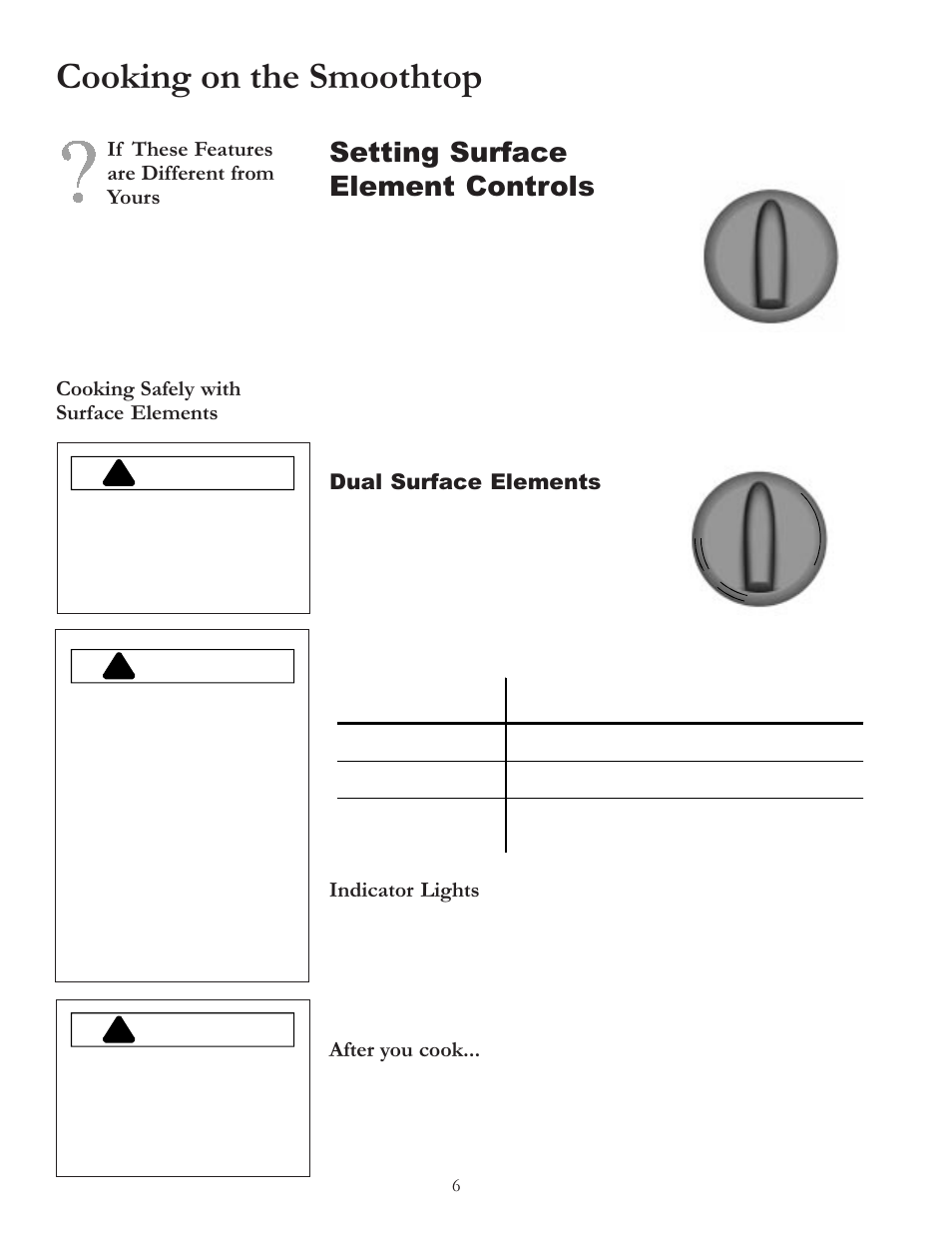 Cooking on the smoothtop, Setting surface element controls, Warning | Cooking safely with surface elements, If these features are different from yours, Dual surface elements, After you cook, Indicator lights | Amana AKT3650 User Manual | Page 6 / 12