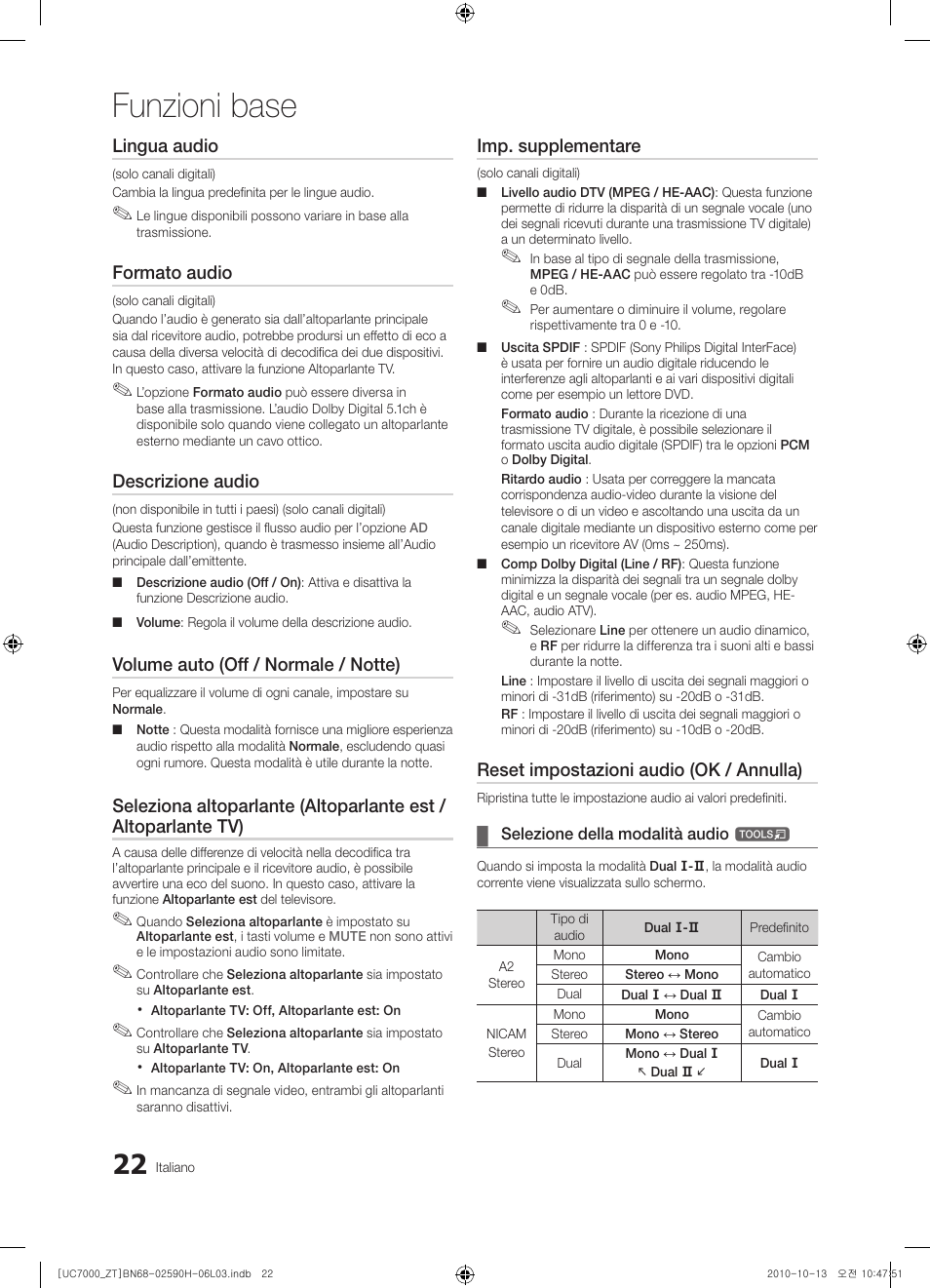 Funzioni base, Lingua audio, Formato audio | Descrizione audio, Volume auto (off / normale / notte), Imp. supplementare, Reset impostazioni audio (ok / annulla) | Samsung UE40C7000WP User Manual | Page 86 / 196