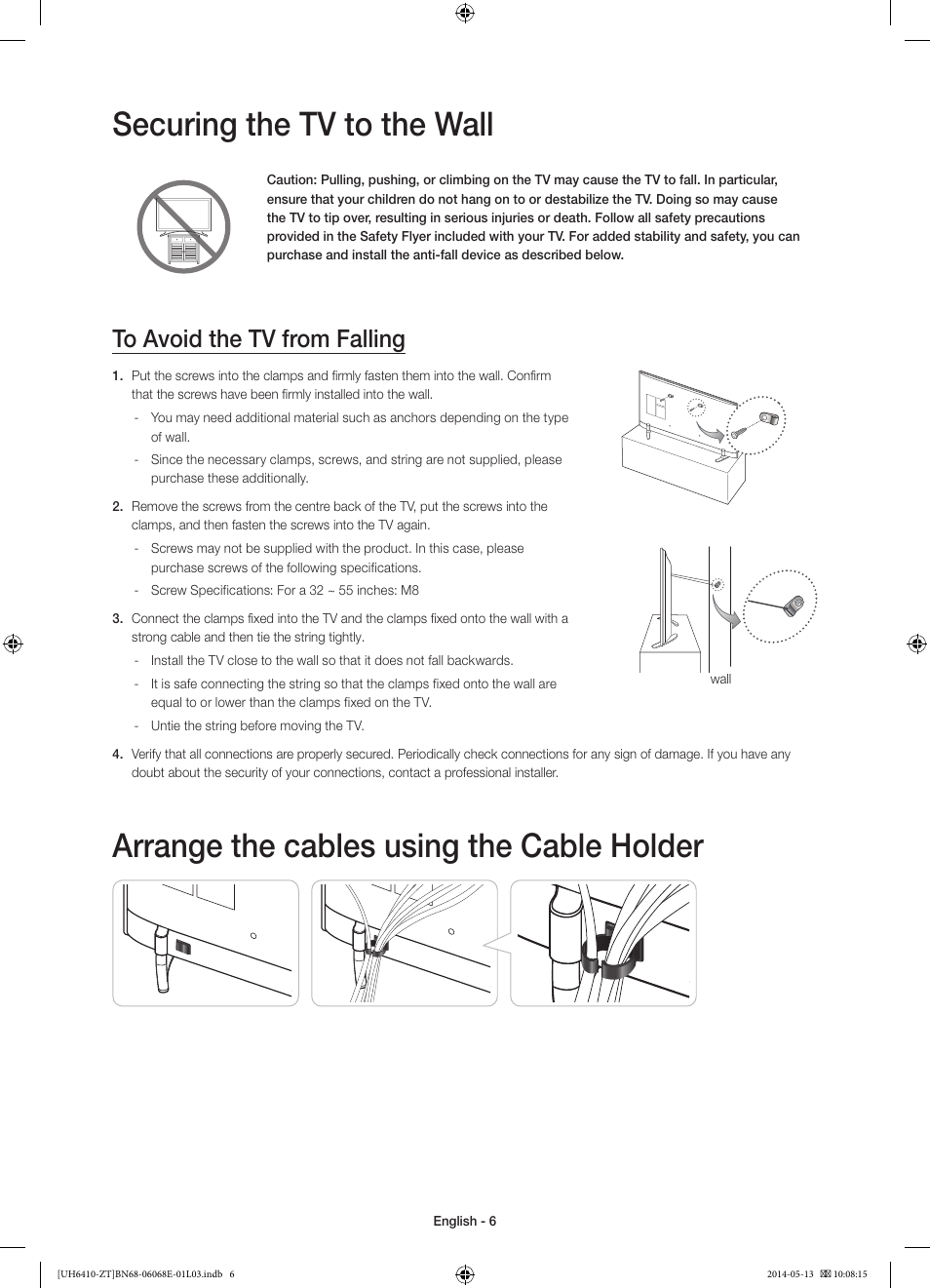 Securing the tv to the wall, Arrange the cables using the cable holder | Samsung UE40H6410SD User Manual | Page 6 / 71