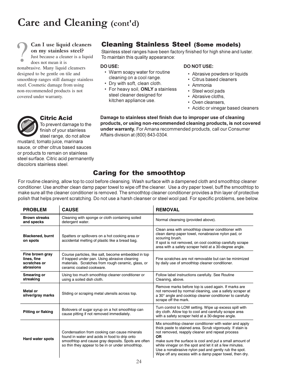 Care and cleaning, Cont'd), Caring for the smoothtop cleaning stainless steel | Amana ACS7280A User Manual | Page 24 / 28