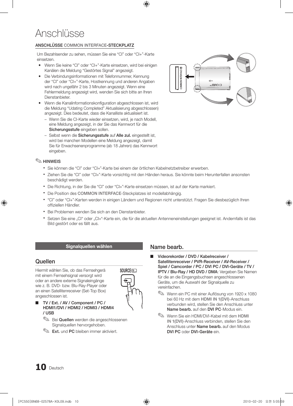 Anschlüsse | Samsung PS50C551G2W User Manual | Page 110 / 452