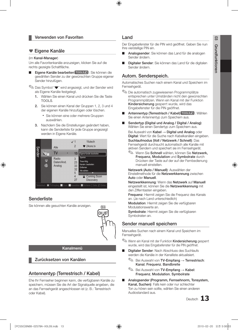 Eigene kanäle, Senderliste, Antennentyp (terrestrisch / kabel) | Land, Autom. senderspeich, Sender manuell speichern | Samsung PS50C551G2W User Manual | Page 113 / 452