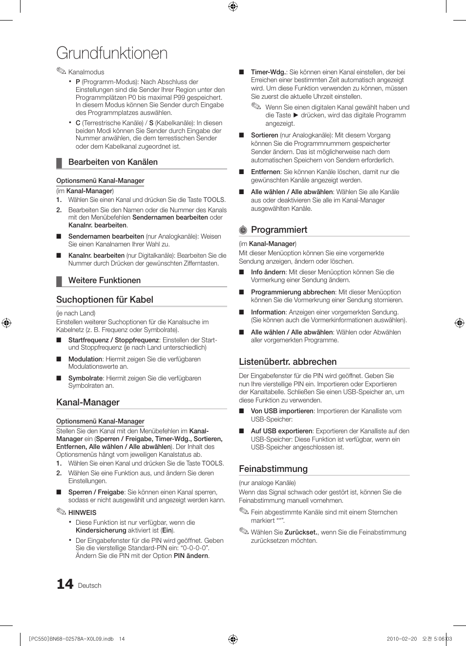 Grundfunktionen, Suchoptionen für kabel, Kanal-manager | Programmiert, Listenübertr. abbrechen, Feinabstimmung | Samsung PS50C551G2W User Manual | Page 114 / 452
