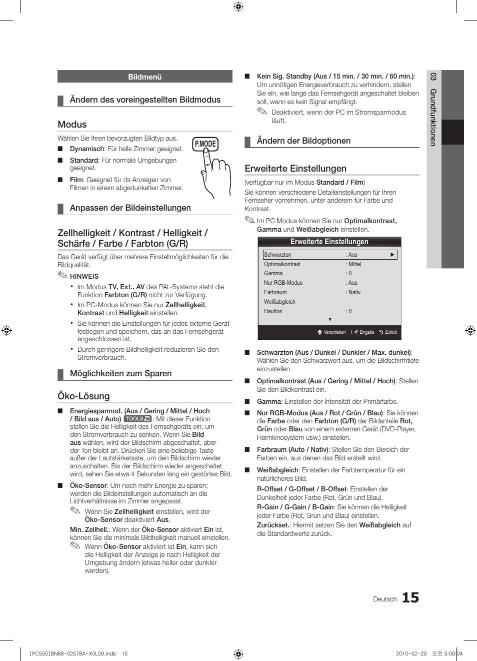 Modus, Öko-lösung, Erweiterte einstellungen | Samsung PS50C551G2W User Manual | Page 115 / 452