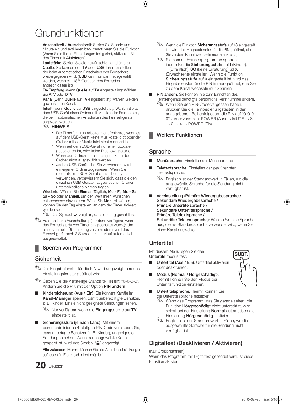 Grundfunktionen, Sicherheit, Sprache | Untertitel, Digitaltext (deaktivieren / aktivieren) | Samsung PS50C551G2W User Manual | Page 120 / 452