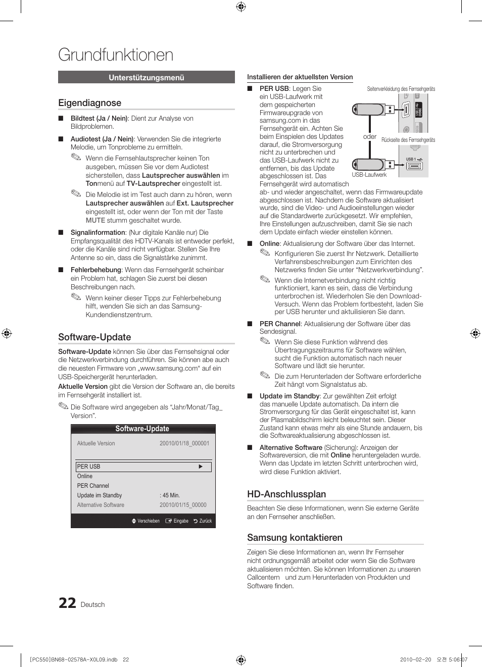 Grundfunktionen, Eigendiagnose, Software-update | Hd-anschlussplan, Samsung kontaktieren | Samsung PS50C551G2W User Manual | Page 122 / 452