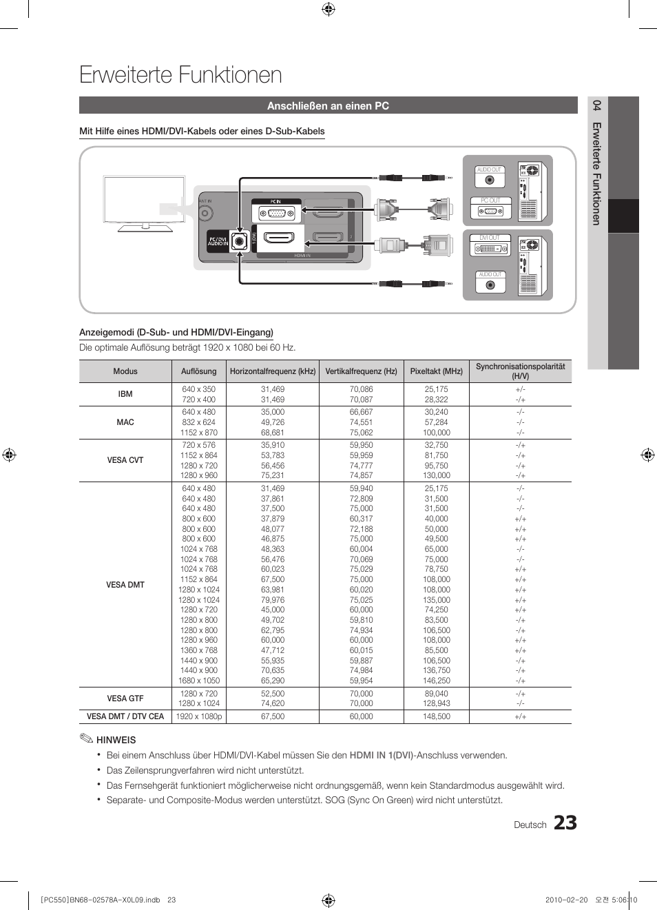 Erweiterte funktionen | Samsung PS50C551G2W User Manual | Page 123 / 452