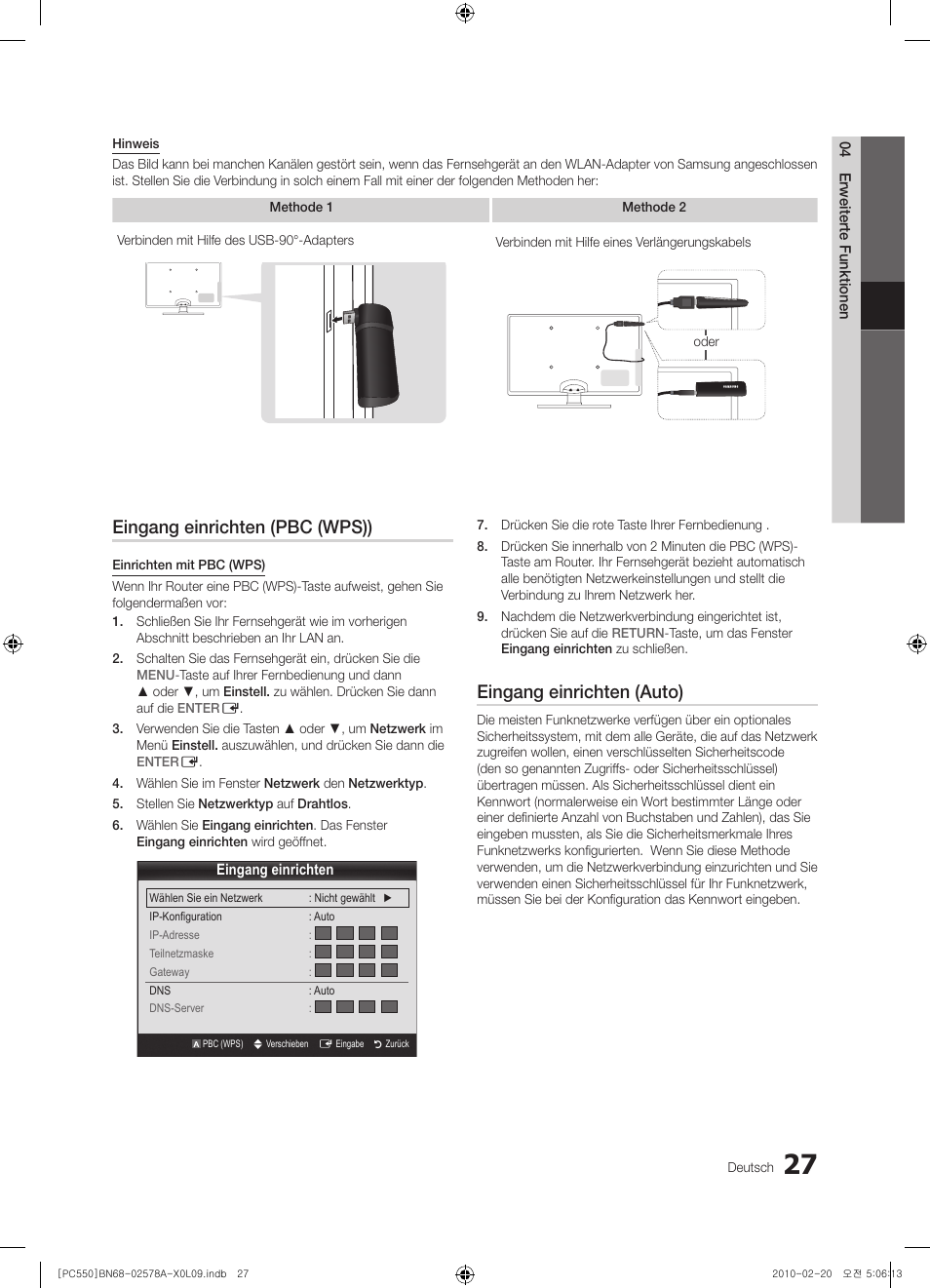Eingang einrichten (pbc (wps)), Eingang einrichten (auto) | Samsung PS50C551G2W User Manual | Page 127 / 452