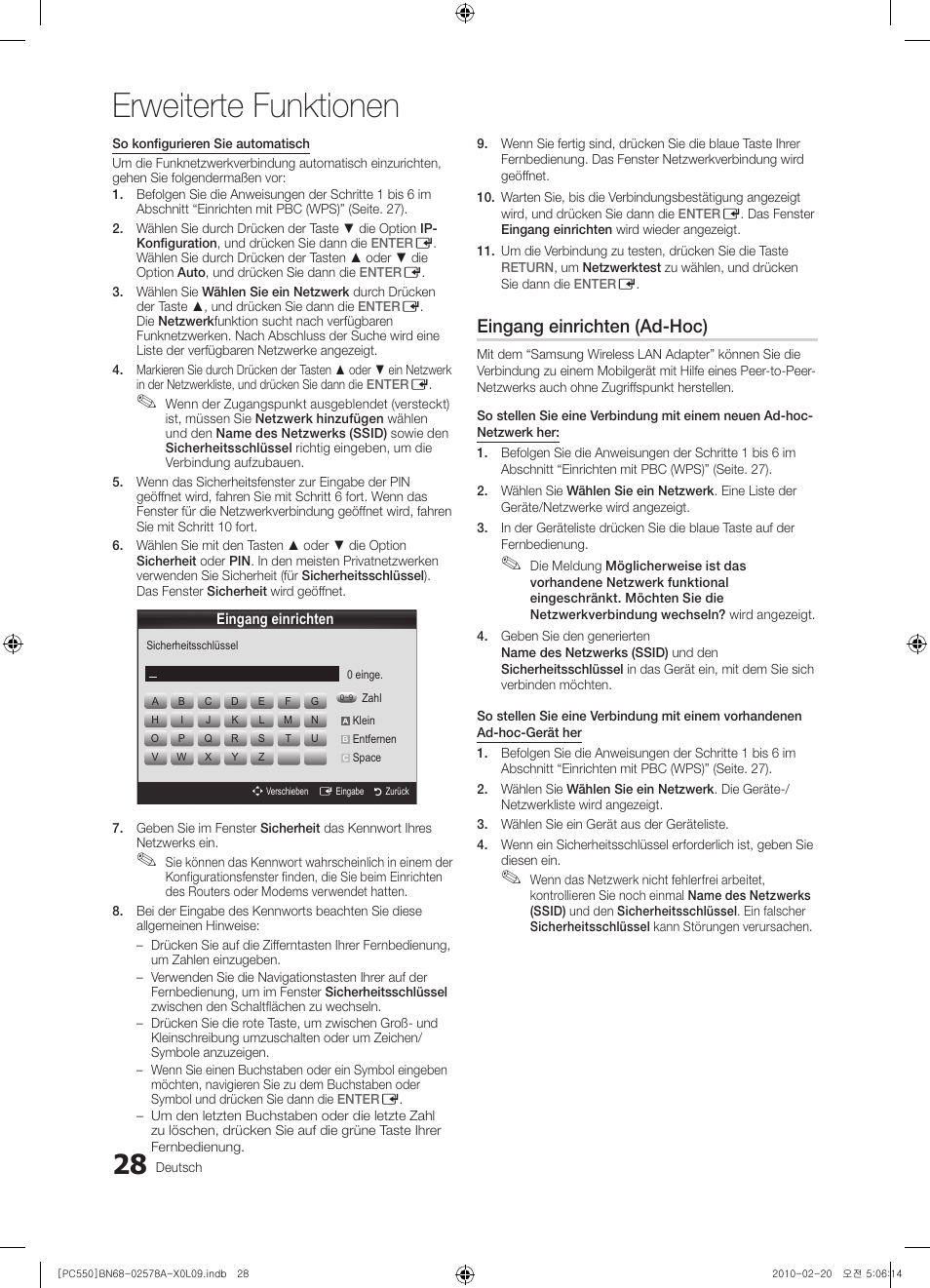 Erweiterte funktionen, Eingang einrichten (ad-hoc) | Samsung PS50C551G2W User Manual | Page 128 / 452