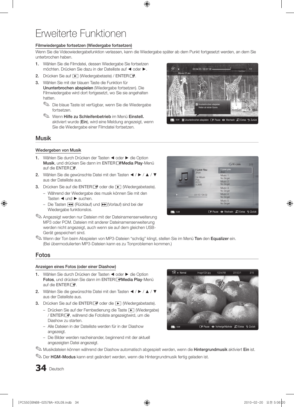 Erweiterte funktionen, Musik, Fotos | Samsung PS50C551G2W User Manual | Page 134 / 452