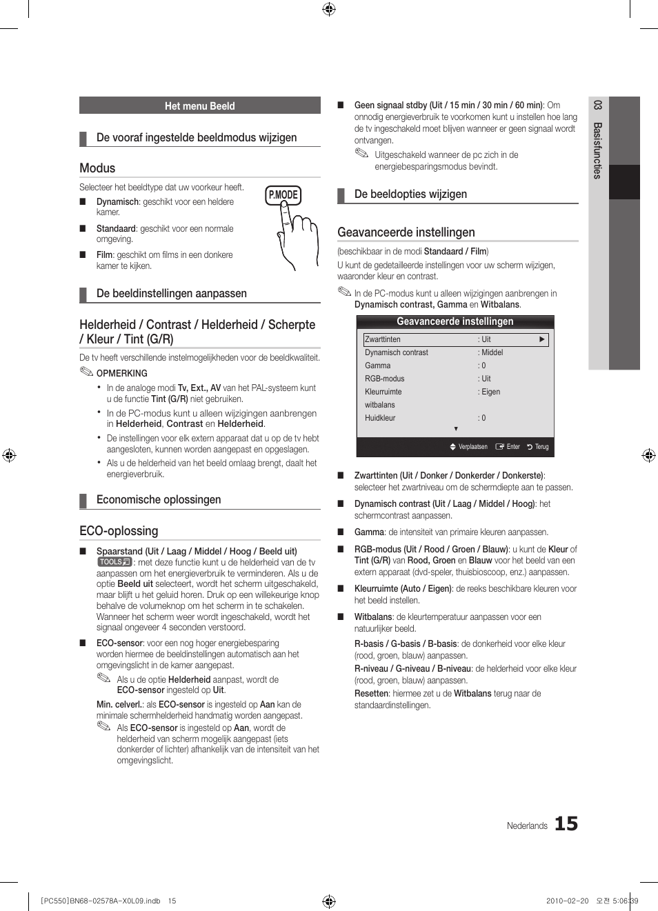 Modus, Eco-oplossing, Geavanceerde instellingen | Samsung PS50C551G2W User Manual | Page 165 / 452