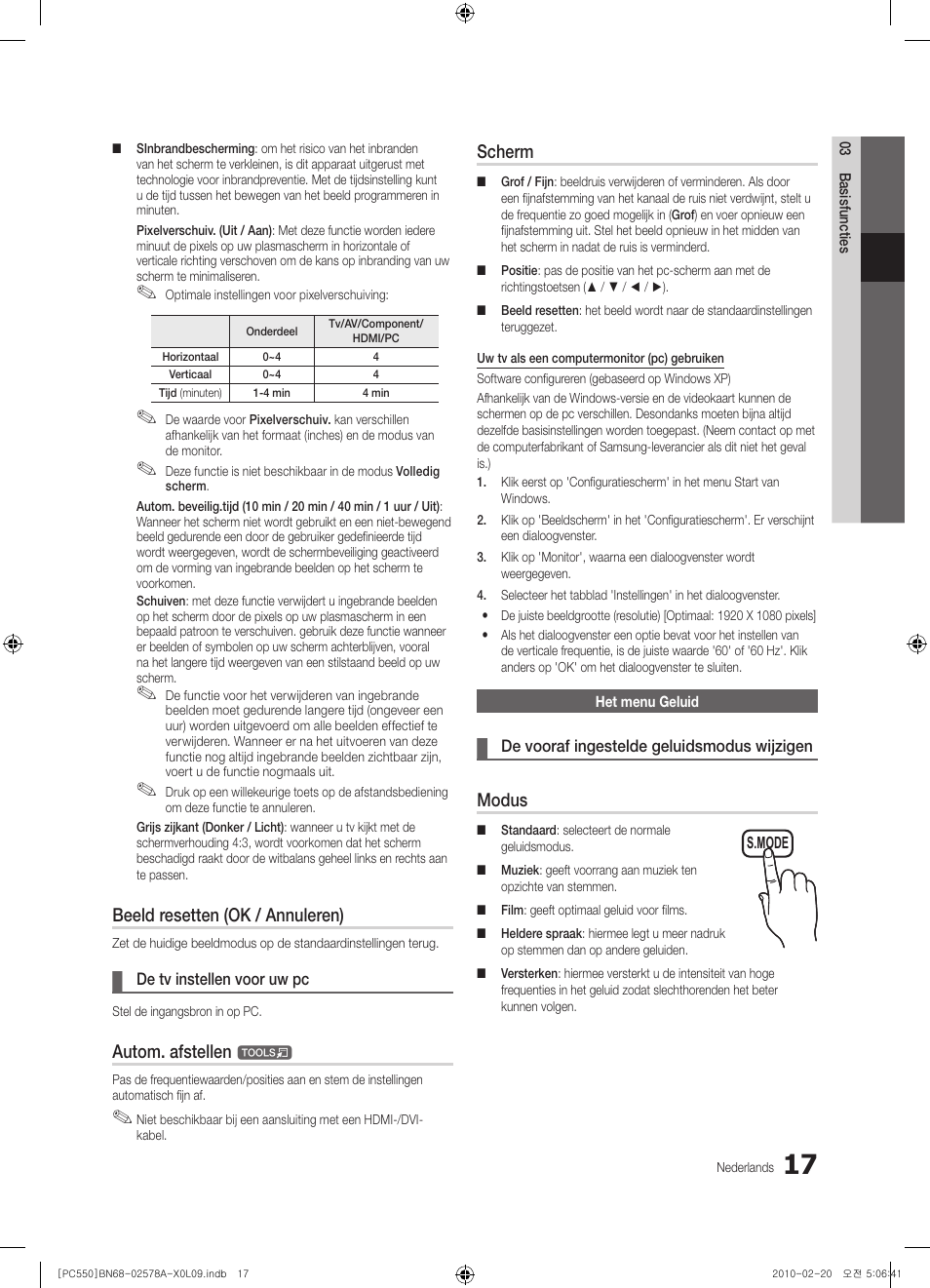 Beeld resetten (ok / annuleren), Autom. afstellen, Scherm | Modus | Samsung PS50C551G2W User Manual | Page 167 / 452