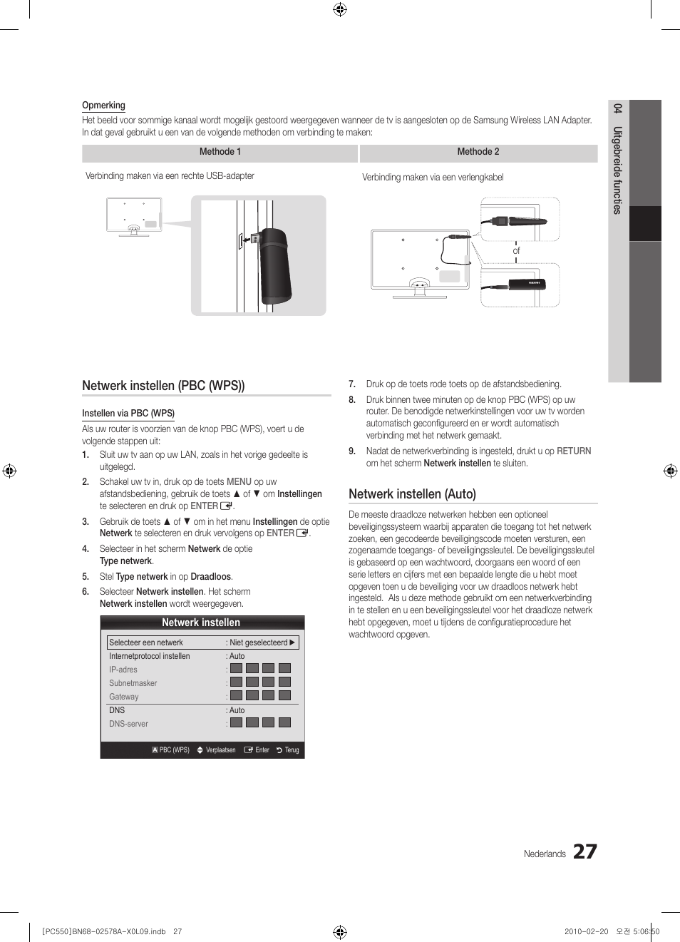 Netwerk instellen (pbc (wps)), Netwerk instellen (auto) | Samsung PS50C551G2W User Manual | Page 177 / 452