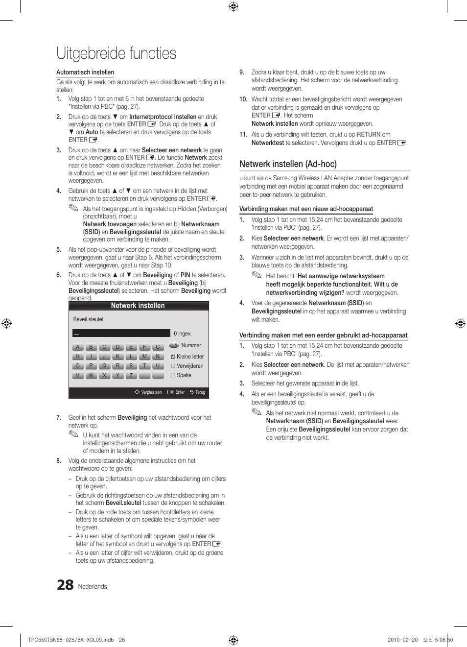 Uitgebreide functies, Netwerk instellen (ad-hoc) | Samsung PS50C551G2W User Manual | Page 178 / 452