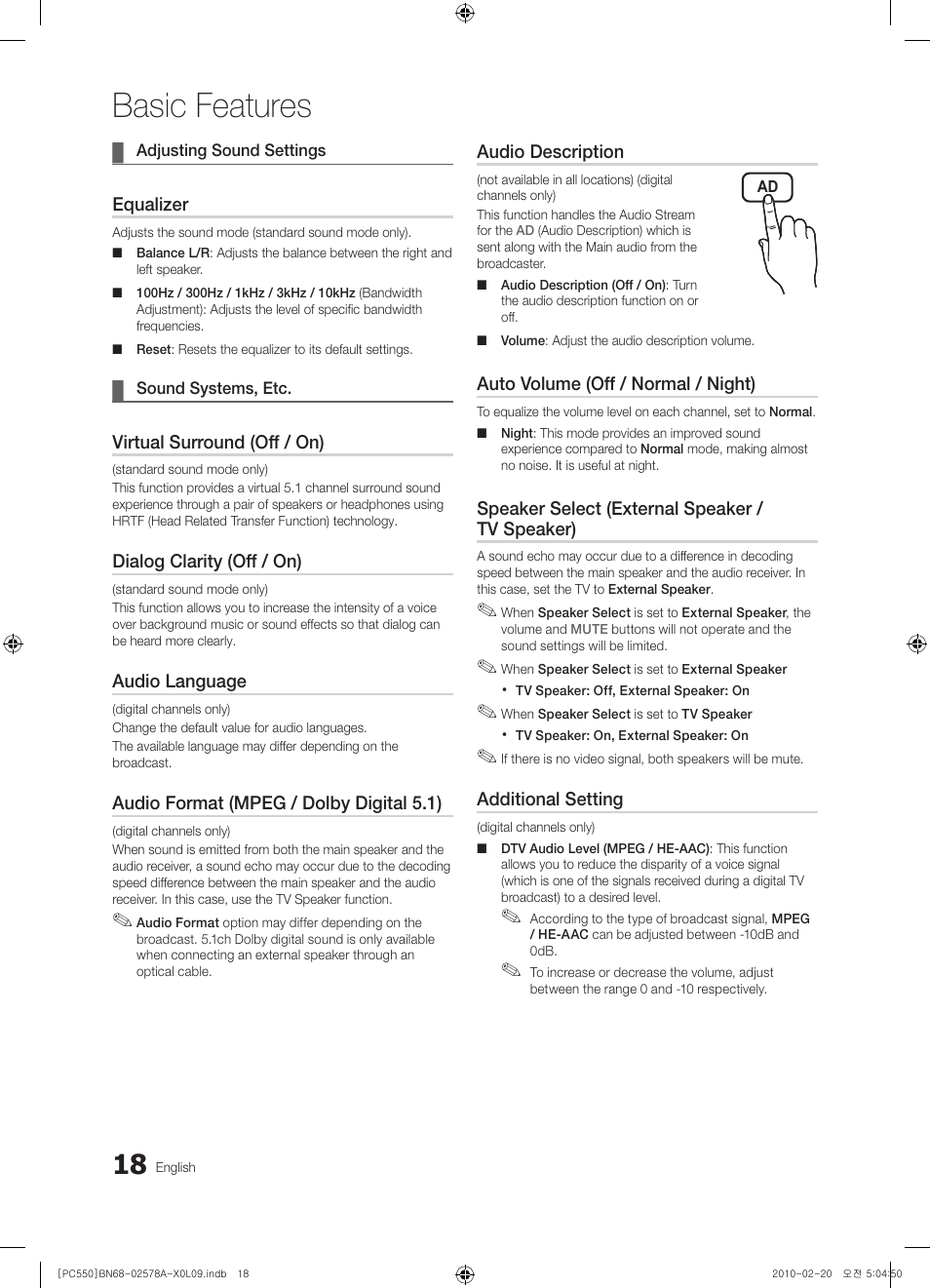 Basic features | Samsung PS50C551G2W User Manual | Page 18 / 452