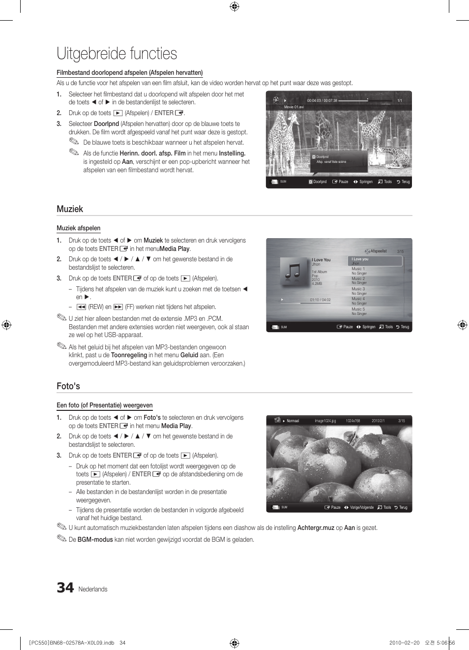 Uitgebreide functies, Muziek, Foto's | Samsung PS50C551G2W User Manual | Page 184 / 452