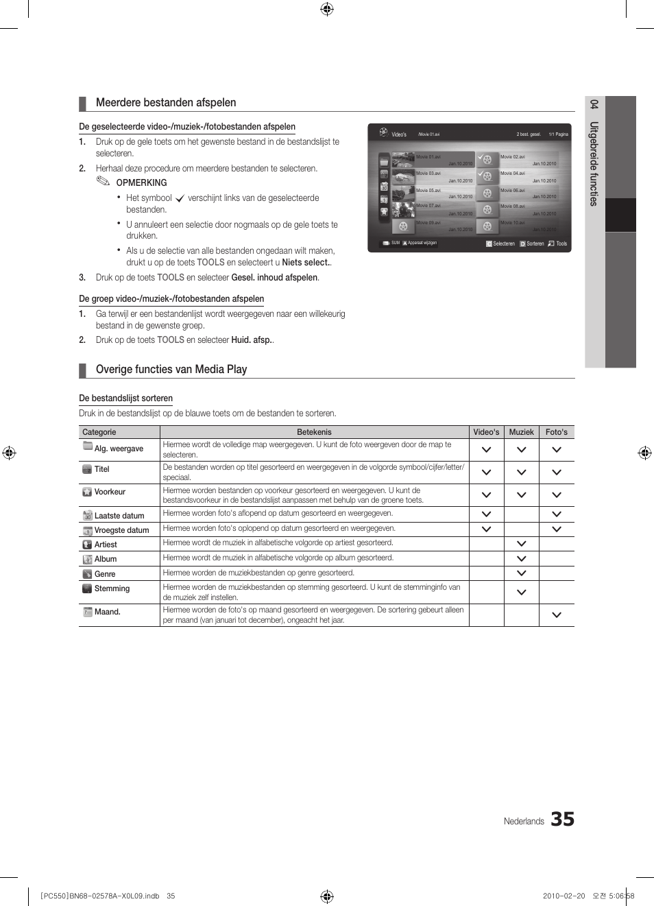 Meerdere bestanden afspelen, Overige functies van media play | Samsung PS50C551G2W User Manual | Page 185 / 452