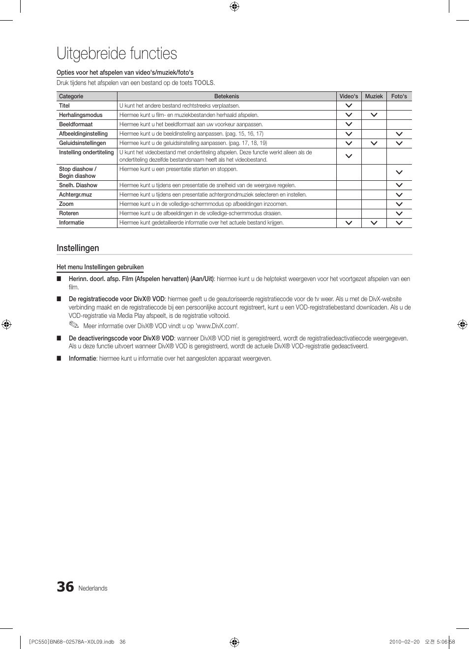 Uitgebreide functies, Instellingen | Samsung PS50C551G2W User Manual | Page 186 / 452