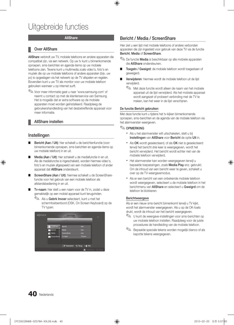 Uitgebreide functies, Instellingen, Bericht / media / screenshare | Samsung PS50C551G2W User Manual | Page 190 / 452