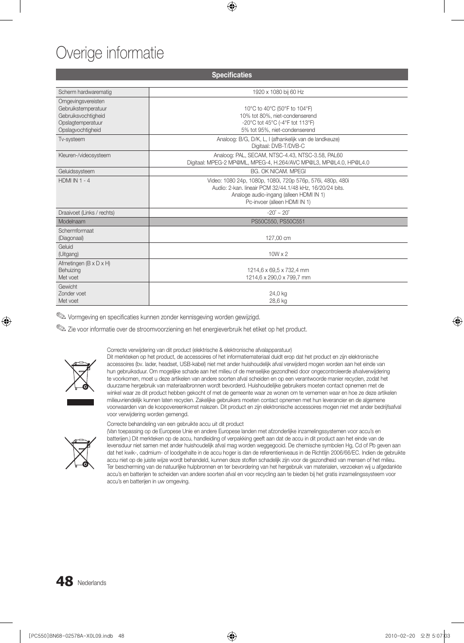 Overige informatie | Samsung PS50C551G2W User Manual | Page 198 / 452
