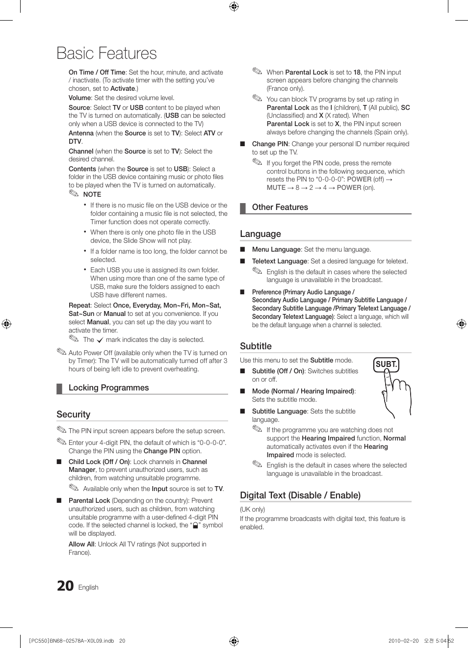 Basic features | Samsung PS50C551G2W User Manual | Page 20 / 452