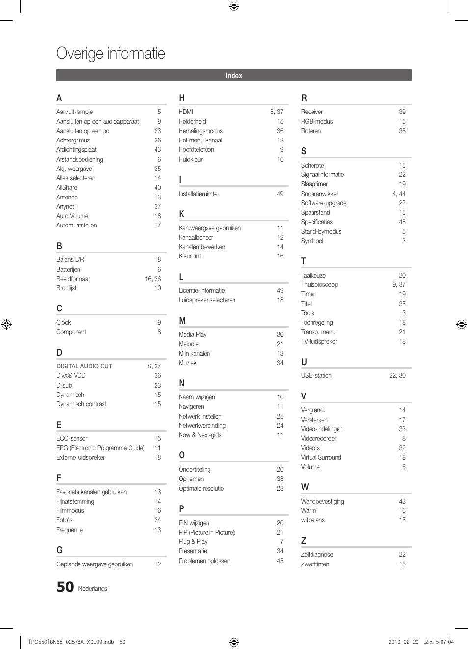 Overige informatie | Samsung PS50C551G2W User Manual | Page 200 / 452