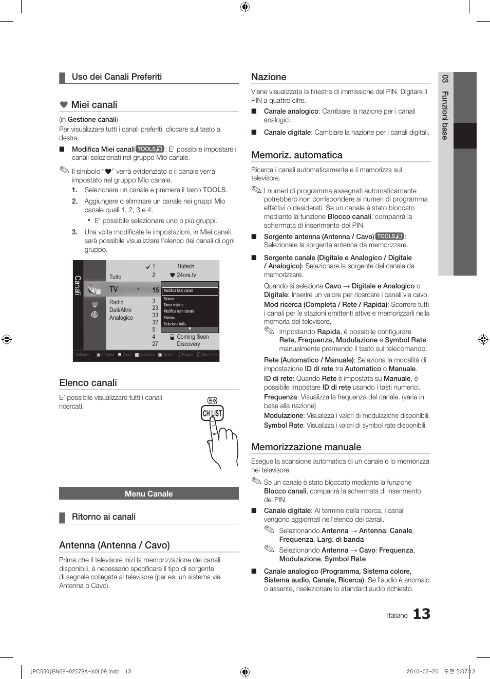 Miei canali, Elenco canali, Antenna (antenna / cavo) | Nazione | Samsung PS50C551G2W User Manual | Page 213 / 452