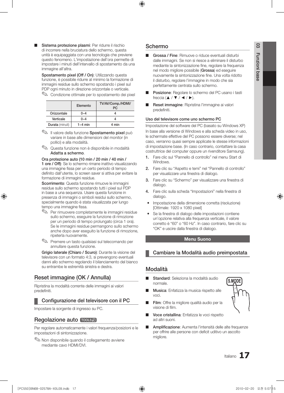 Reset immagine (ok / annulla), Regolazione auto, Schermo | Modalità | Samsung PS50C551G2W User Manual | Page 217 / 452