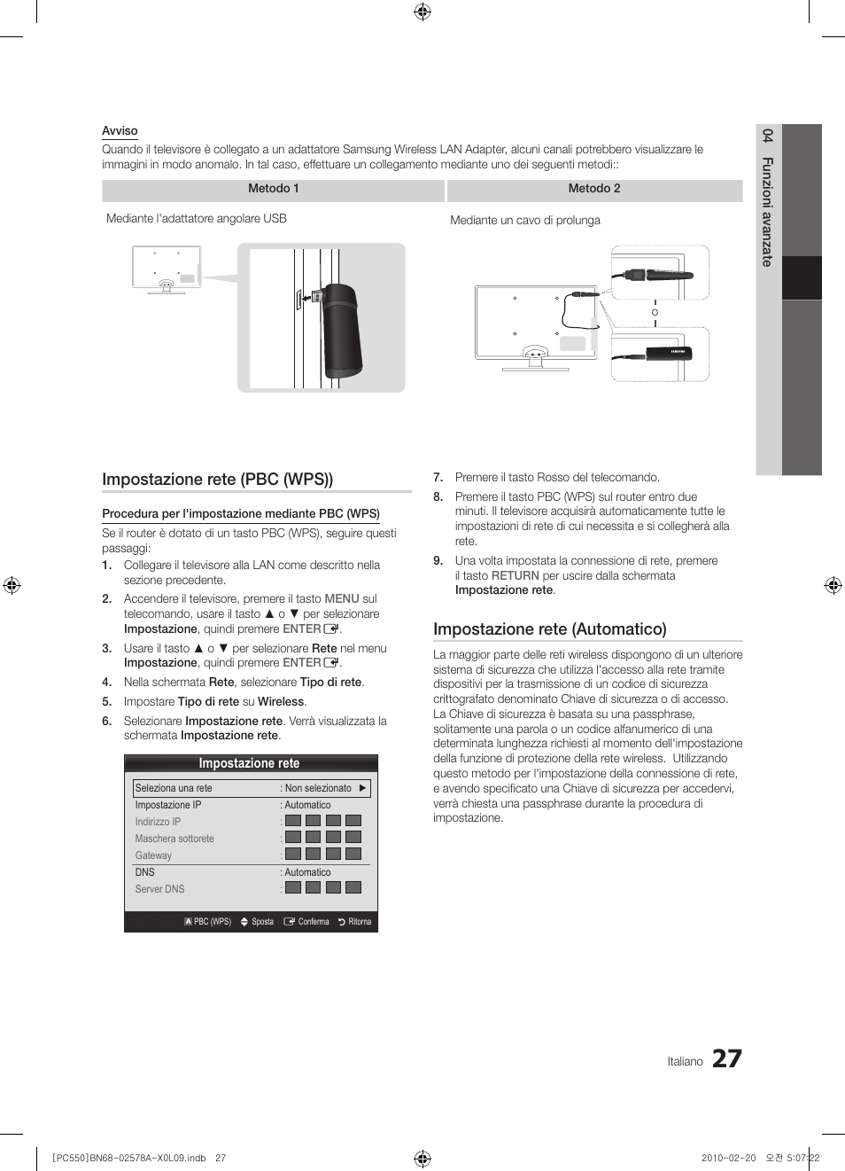 Impostazione rete (pbc (wps)), Impostazione rete (automatico) | Samsung PS50C551G2W User Manual | Page 227 / 452