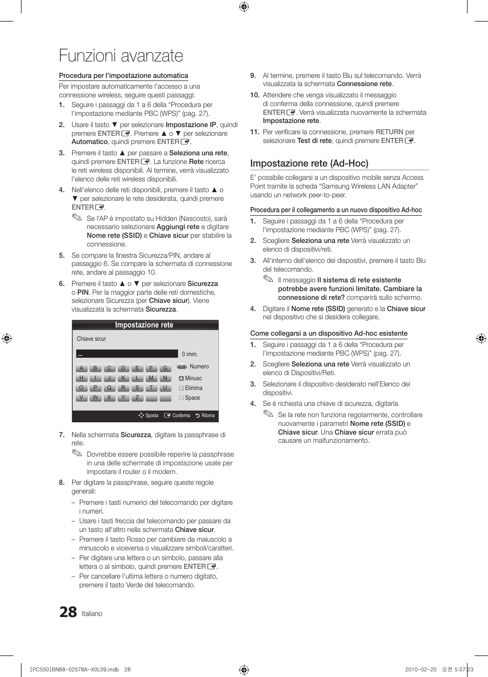 Funzioni avanzate, Impostazione rete (ad-hoc) | Samsung PS50C551G2W User Manual | Page 228 / 452