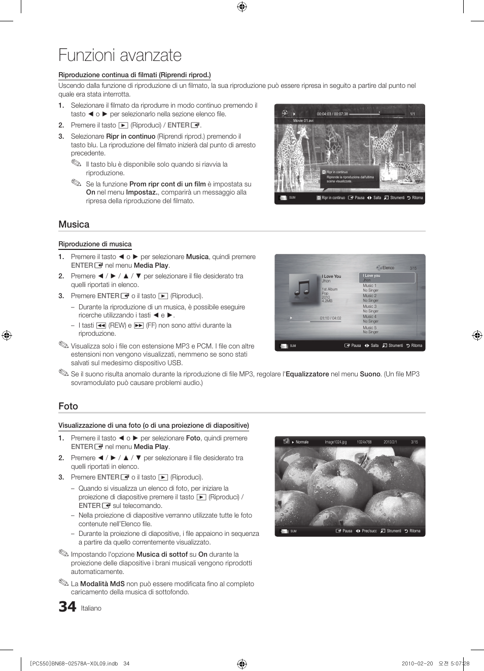 Funzioni avanzate, Musica, Foto | Samsung PS50C551G2W User Manual | Page 234 / 452