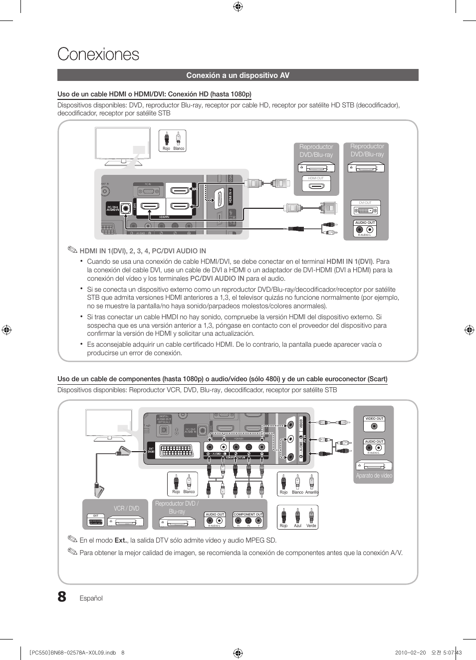 Conexiones, Conexión a un dispositivo av, Español | Hdmi in 1(dvi), 2, 3, 4, pc/dvi audio in, Aparato de vídeo reproductor dvd / blu-ray, Vcr / dvd, Reproductor dvd/blu-ray | Samsung PS50C551G2W User Manual | Page 258 / 452