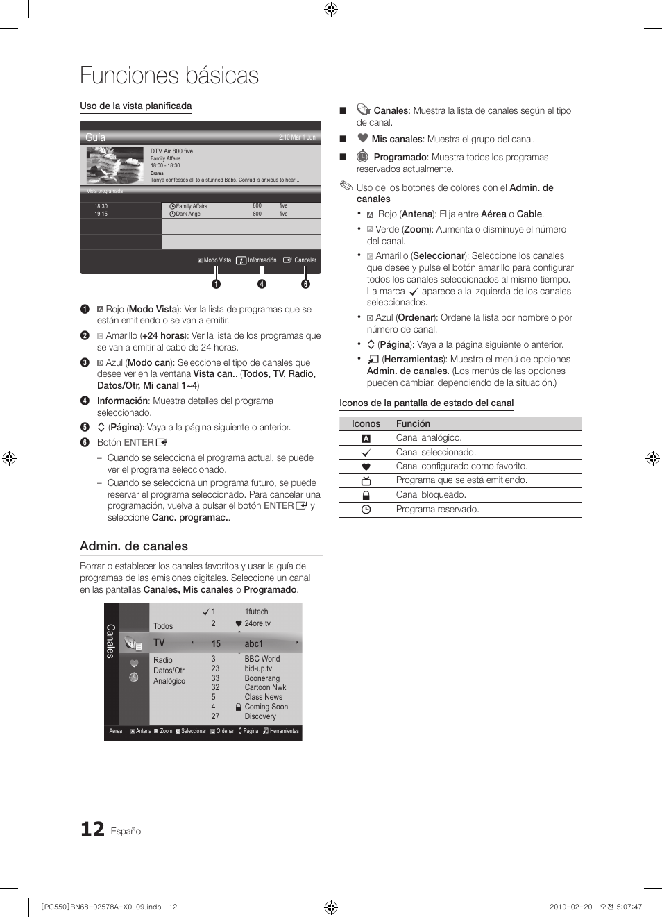 Funciones básicas, Admin. de canales | Samsung PS50C551G2W User Manual | Page 262 / 452