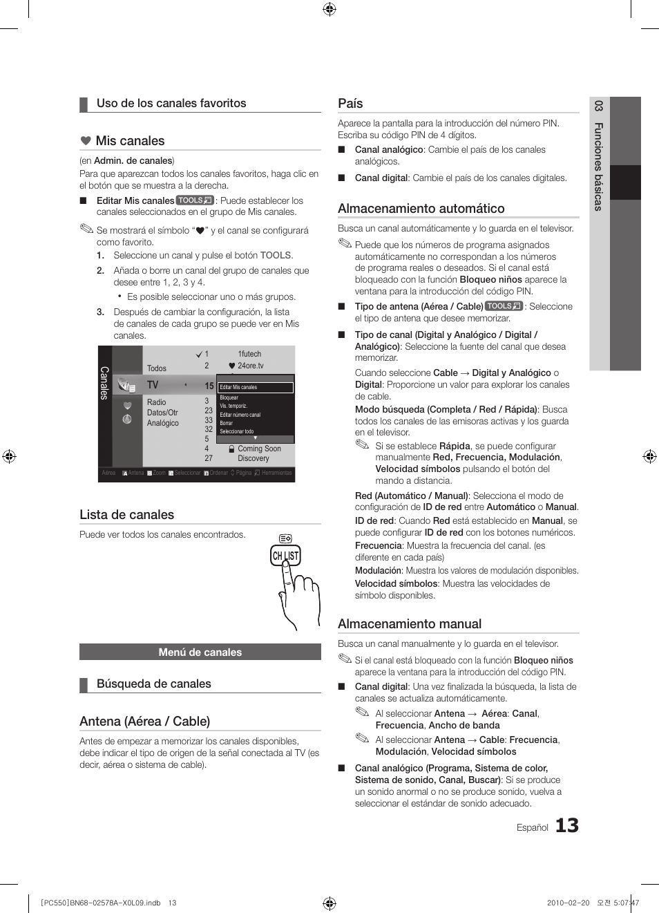 Mis canales, Lista de canales, Antena (aérea / cable) | País, Almacenamiento automático, Almacenamiento manual | Samsung PS50C551G2W User Manual | Page 263 / 452