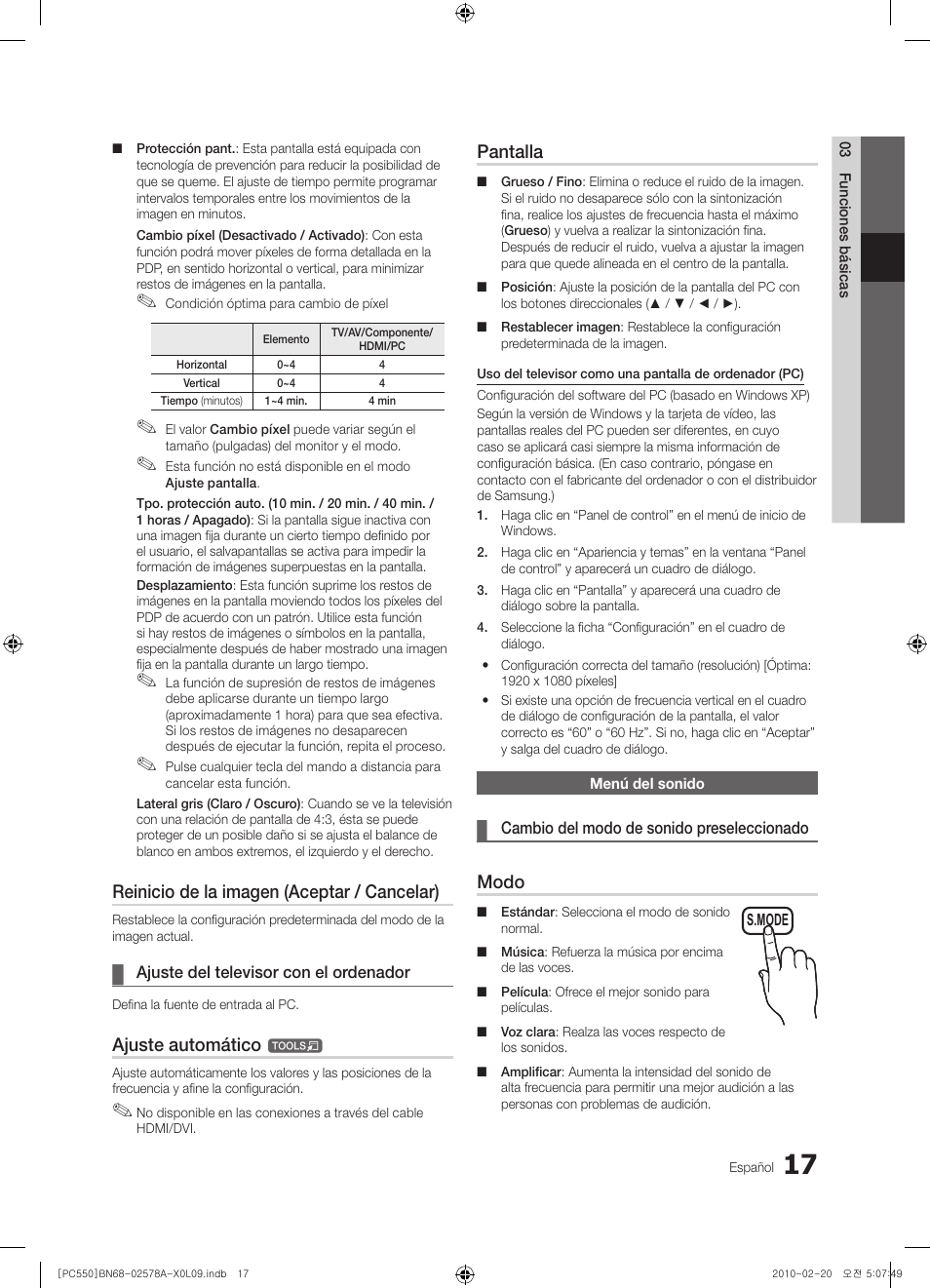 Reinicio de la imagen (aceptar / cancelar), Ajuste automático, Pantalla | Modo | Samsung PS50C551G2W User Manual | Page 267 / 452