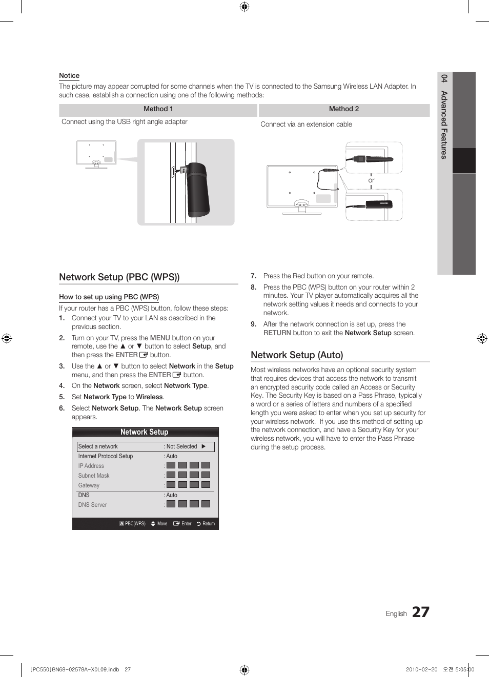 Network setup (pbc (wps)), Network setup (auto) | Samsung PS50C551G2W User Manual | Page 27 / 452