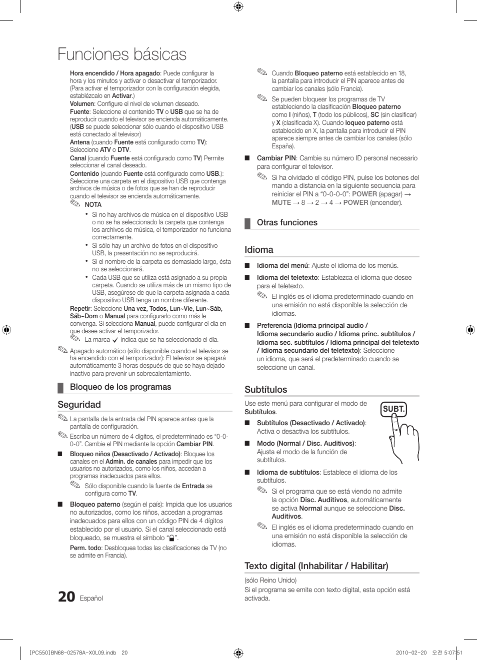 Funciones básicas, Seguridad, Idioma | Subtítulos, Texto digital (inhabilitar / habilitar) | Samsung PS50C551G2W User Manual | Page 270 / 452