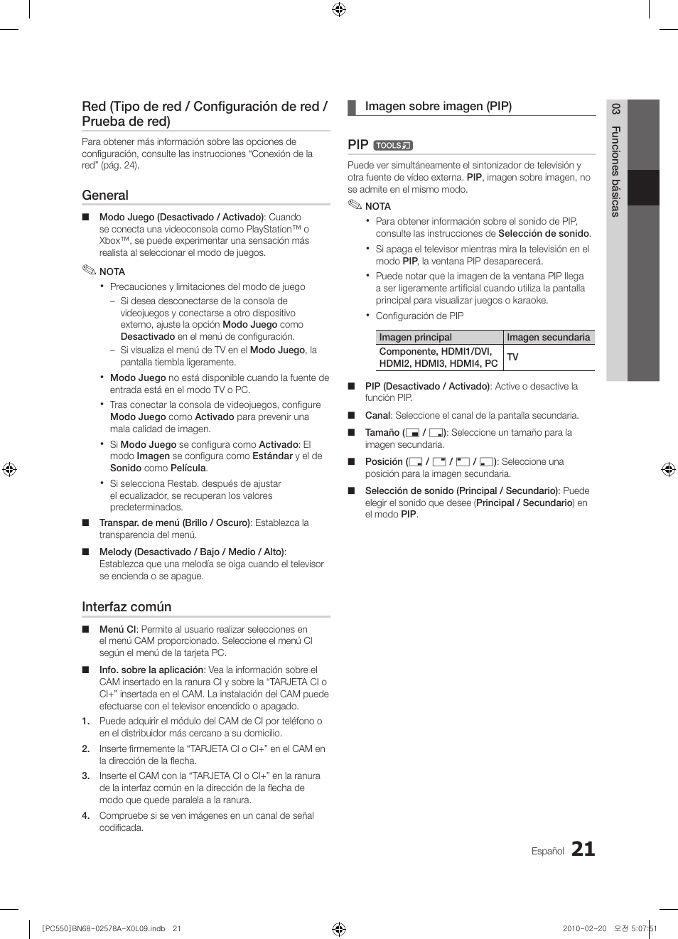 General, Interfaz común | Samsung PS50C551G2W User Manual | Page 271 / 452
