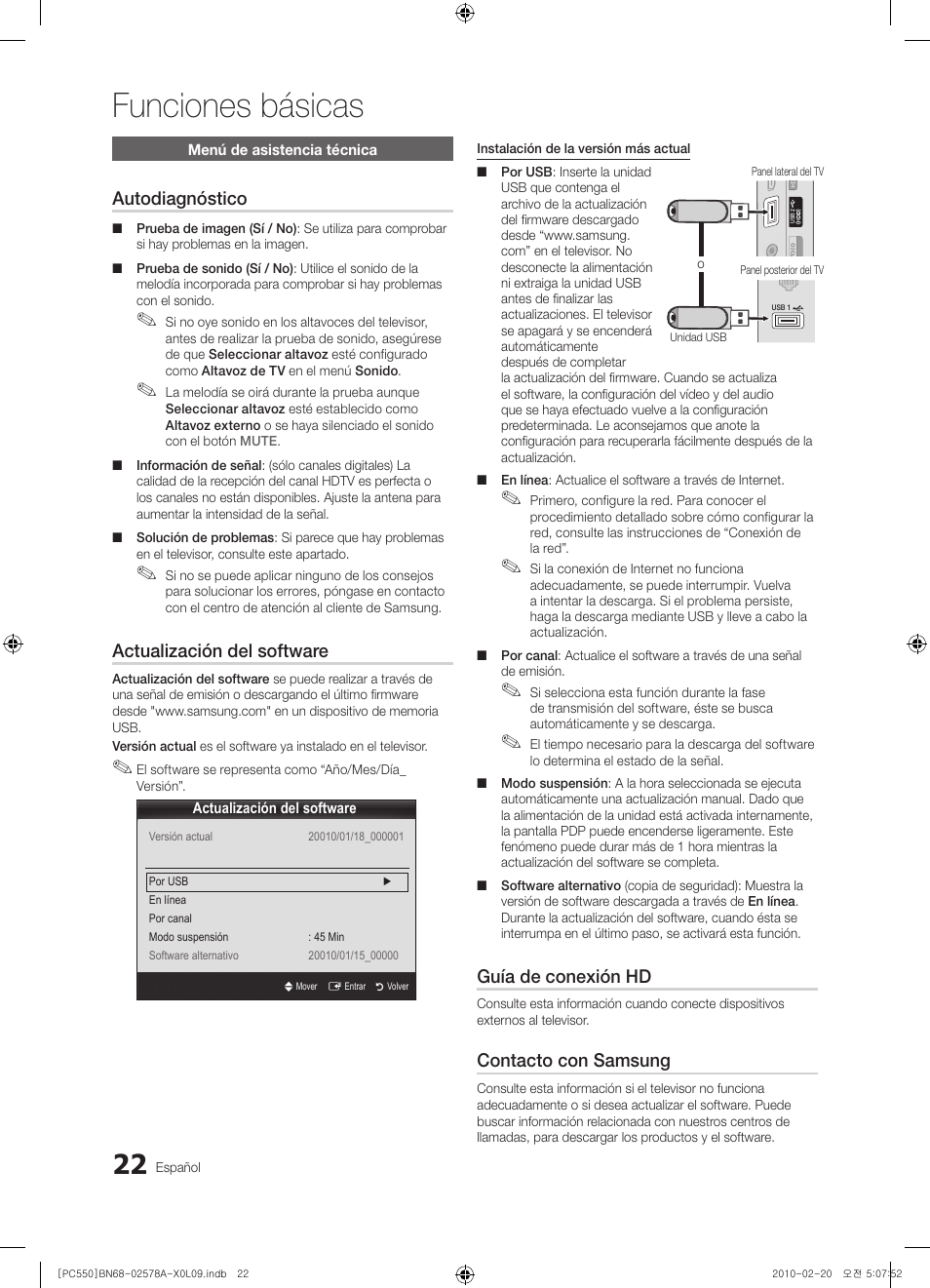 Funciones básicas, Autodiagnóstico, Actualización del software | Guía de conexión hd, Contacto con samsung | Samsung PS50C551G2W User Manual | Page 272 / 452
