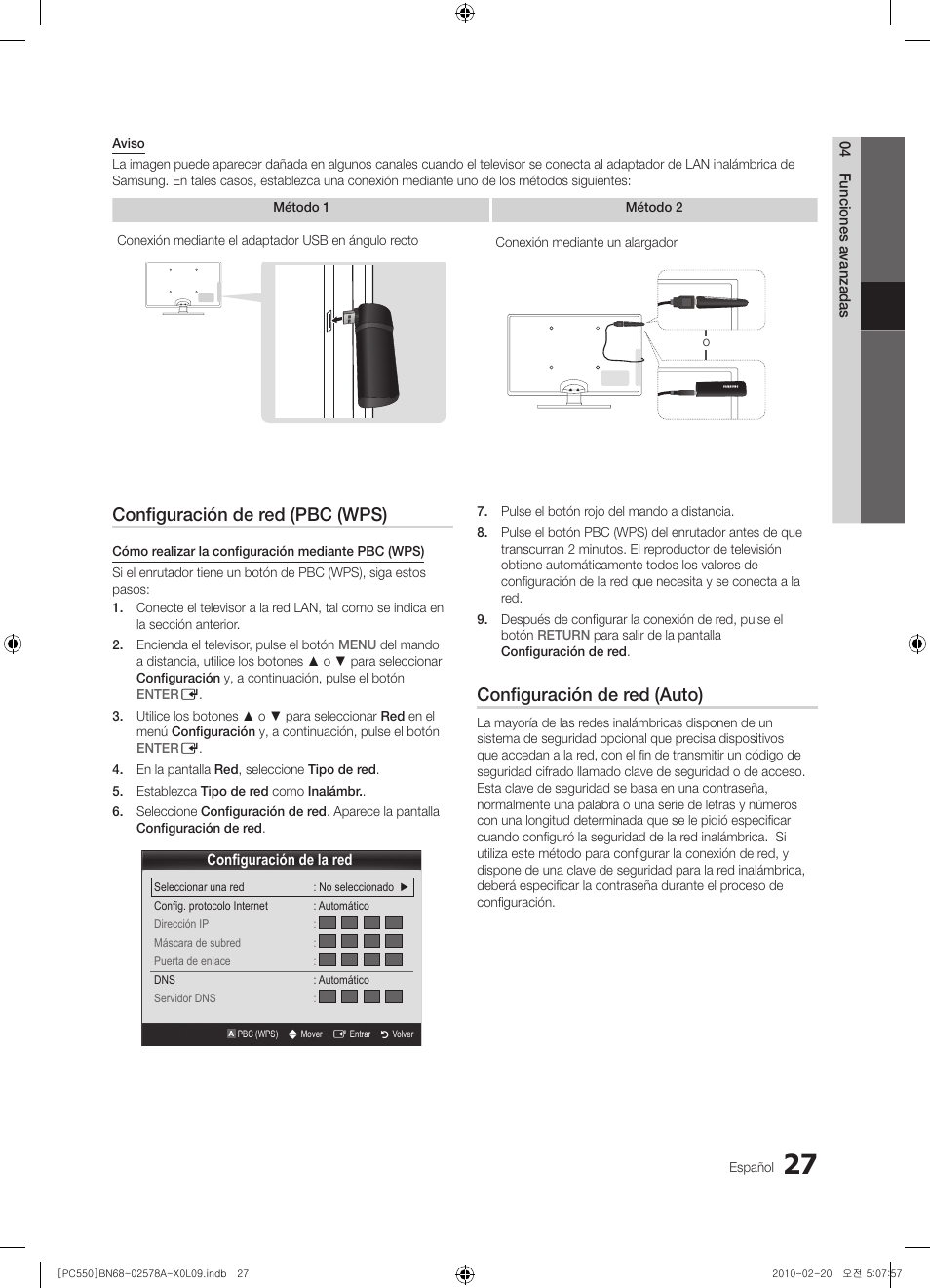 Configuración de red (pbc (wps), Configuración de red (auto) | Samsung PS50C551G2W User Manual | Page 277 / 452