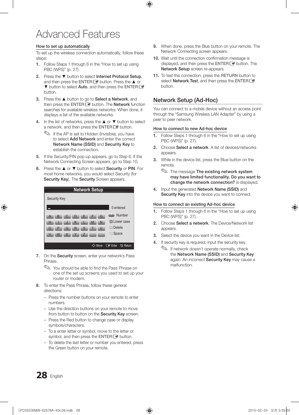 Advanced features, Network setup (ad-hoc) | Samsung PS50C551G2W User Manual | Page 28 / 452