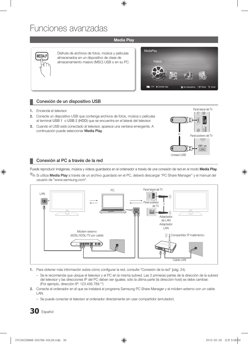 Funciones avanzadas, Conexión de un dispositivo usb, Conexión al pc a través de la red | Samsung PS50C551G2W User Manual | Page 280 / 452