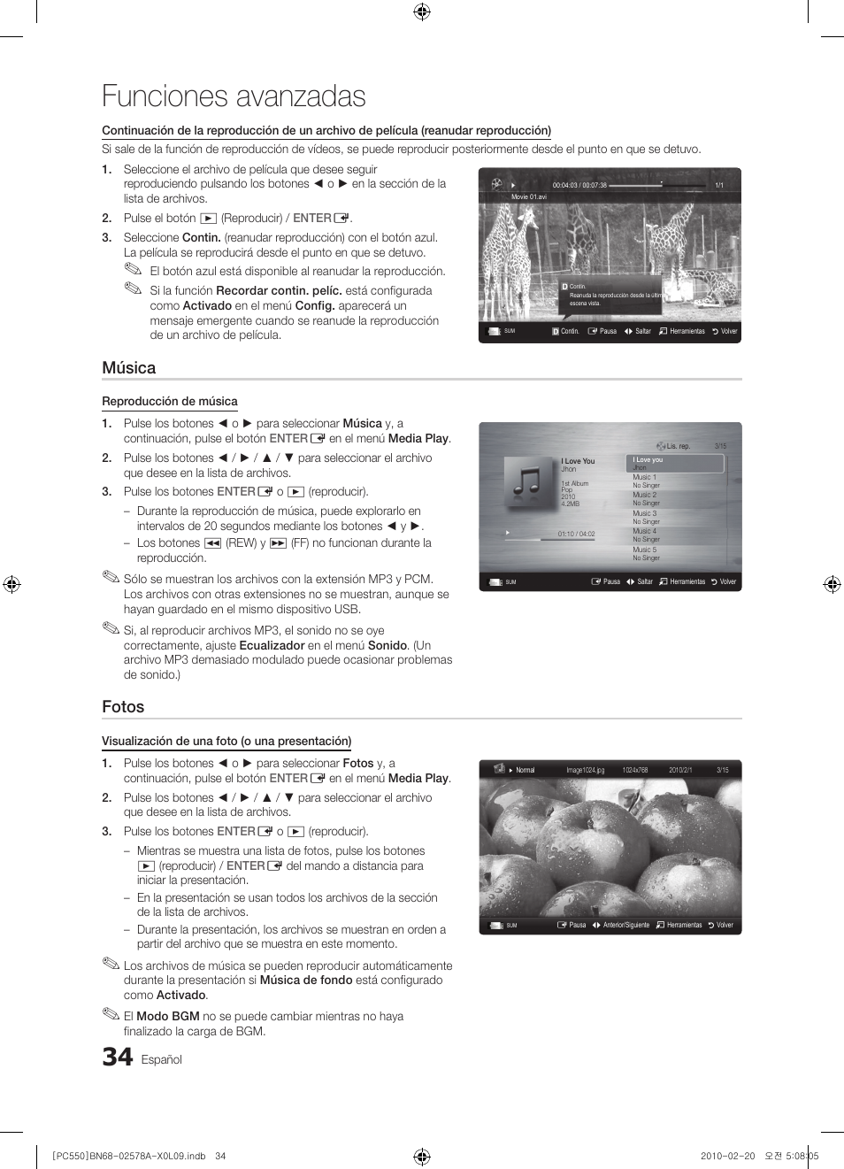 Funciones avanzadas, Música, Fotos | Samsung PS50C551G2W User Manual | Page 284 / 452