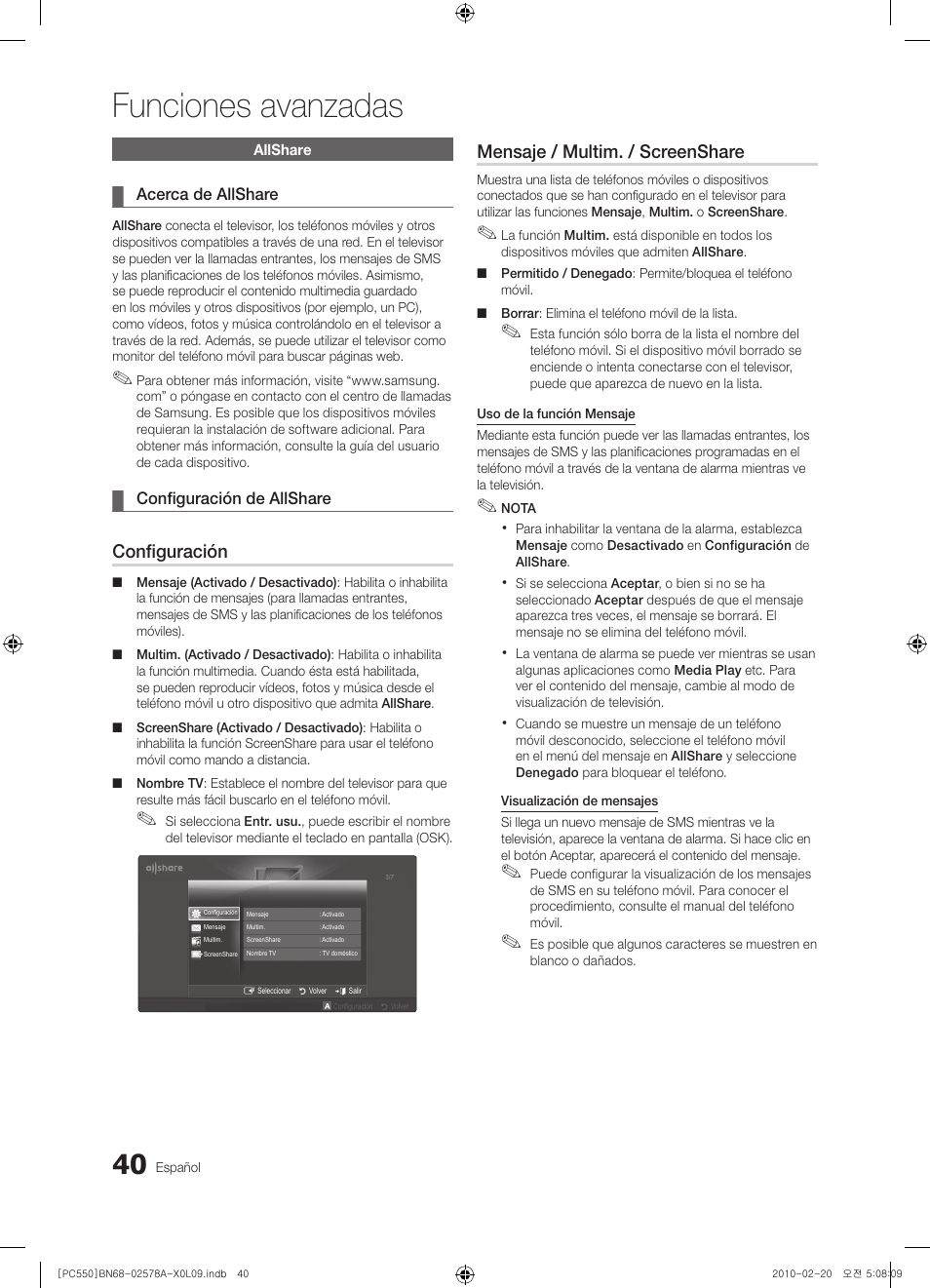 Funciones avanzadas, Configuración, Mensaje / multim. / screenshare | Samsung PS50C551G2W User Manual | Page 290 / 452